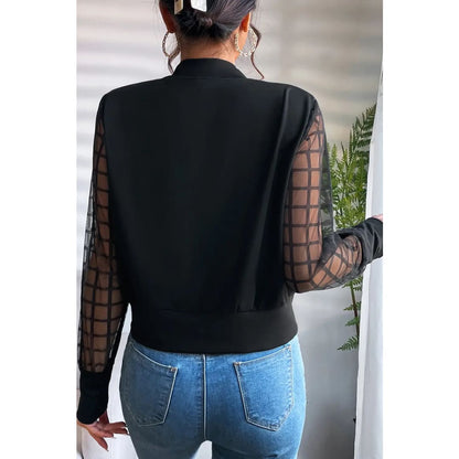 Black Latticed Mesh Sleeve Zip Up Jacket | Fashionfitz