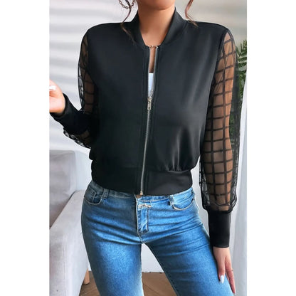 Black Latticed Mesh Sleeve Zip Up Jacket | Fashionfitz