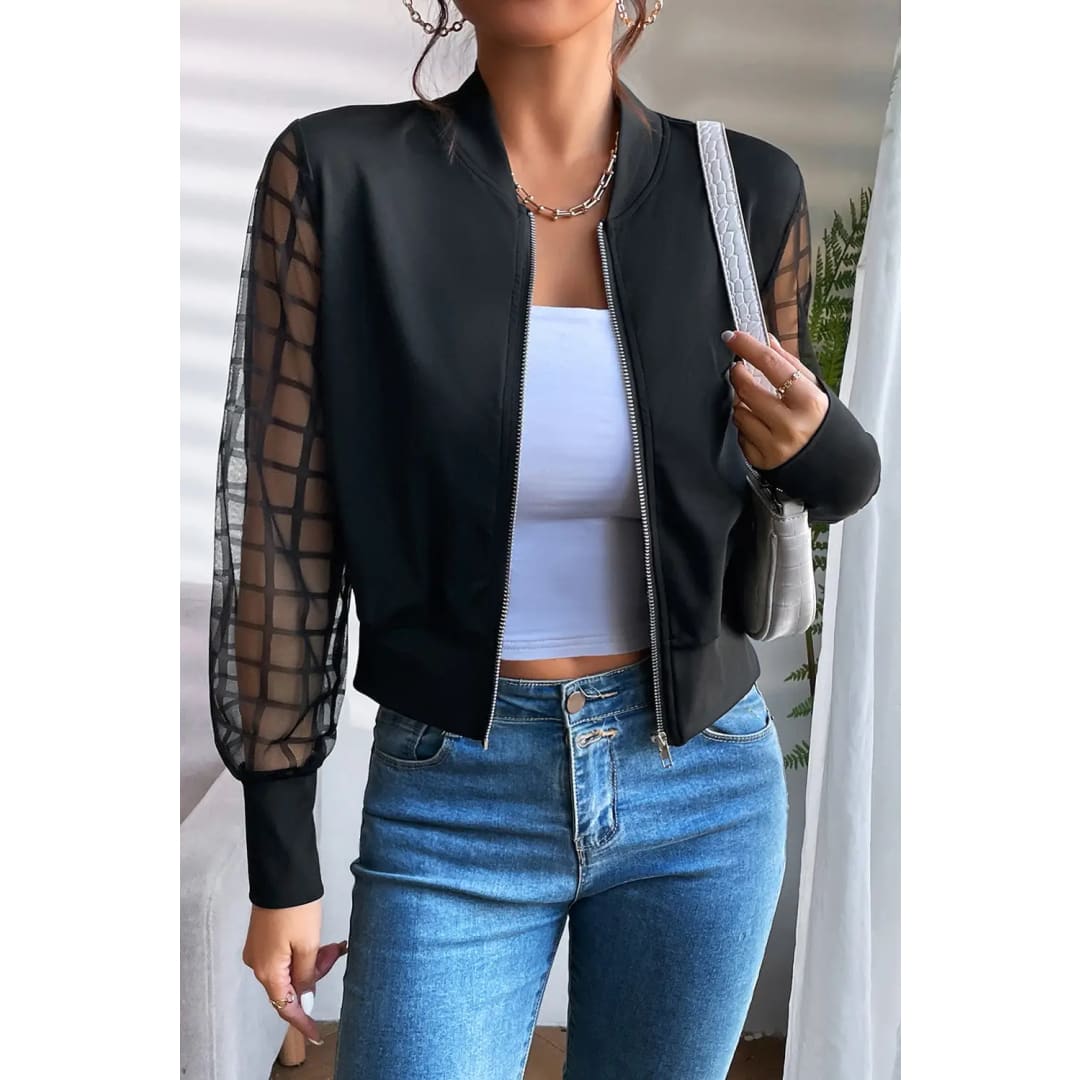 Black Latticed Mesh Sleeve Zip Up Jacket | Fashionfitz