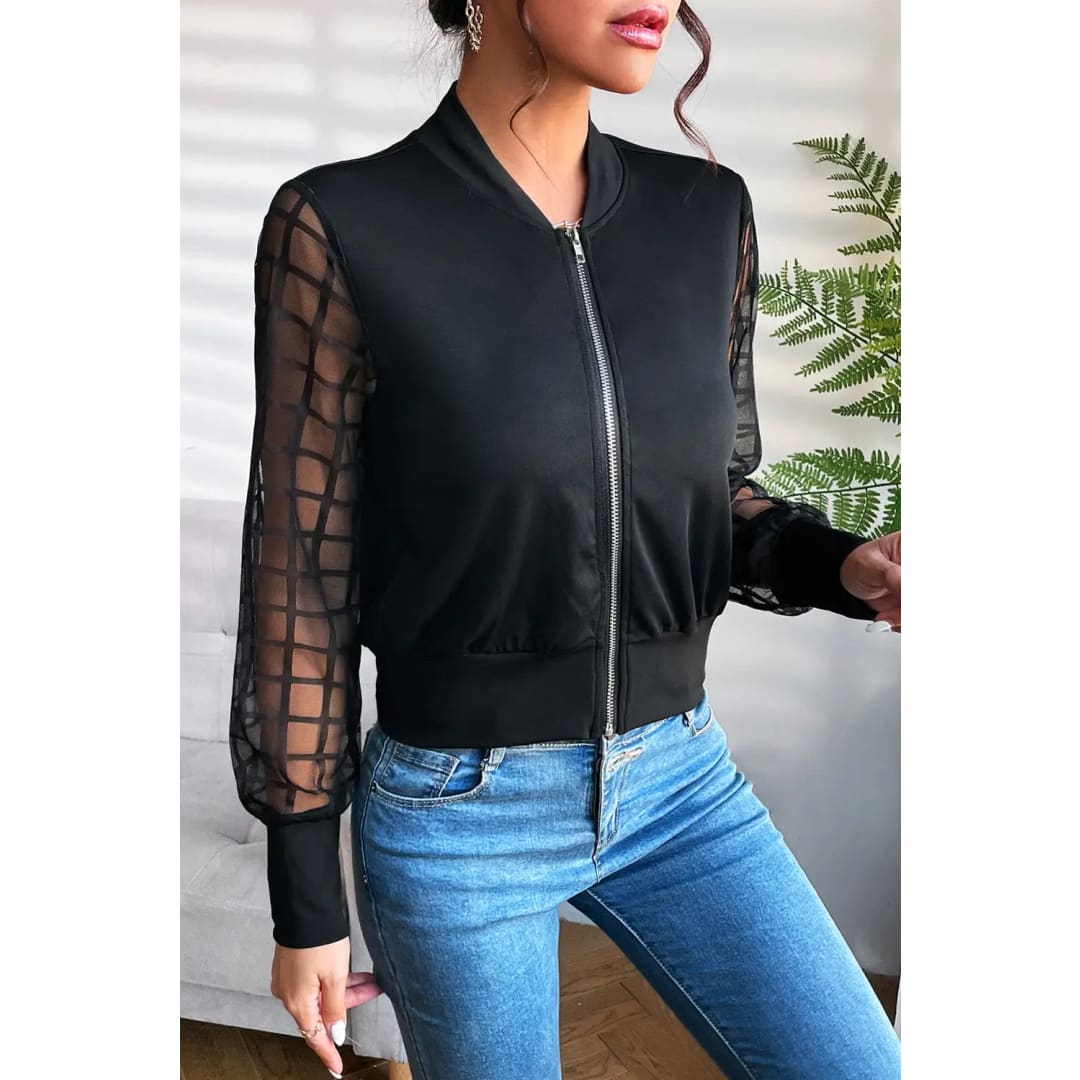 Black Latticed Mesh Sleeve Zip Up Jacket | Fashionfitz