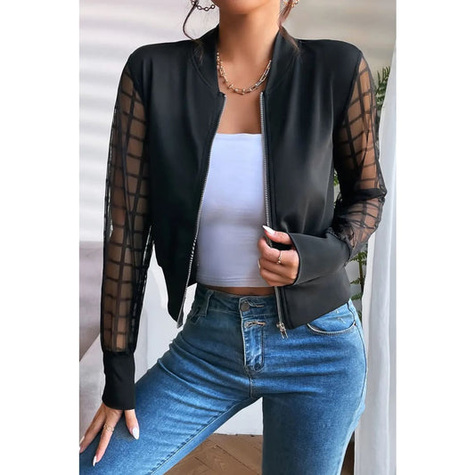 Black Latticed Mesh Sleeve Zip Up Bomber Jacket | Fashionfitz