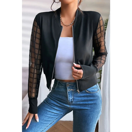 Black Latticed Mesh Sleeve Zip Up Jacket | Fashionfitz