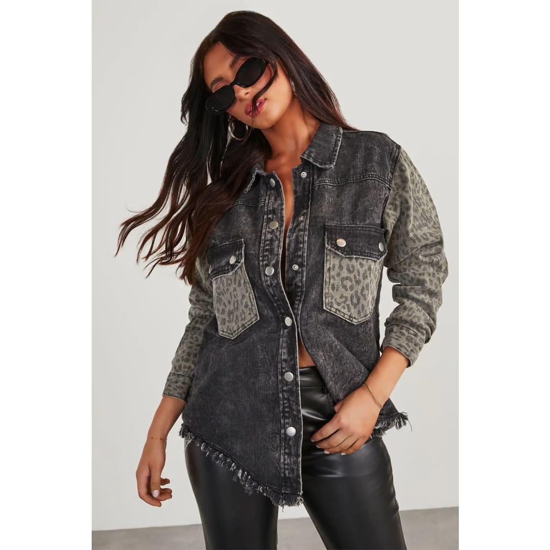 Black Leopard Patch Pocket Vintage Raw Hem Denim Jacket | Fashionfitz