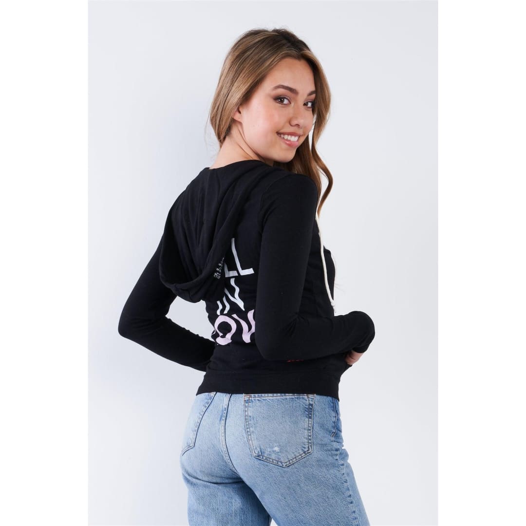 Black Long Sleeve ’Fall In Love’ Zip Up Casual Hoodie | TA