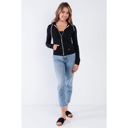 Black Long Sleeve ’Fall In Love’ Zip Up Casual Hoodie | TA