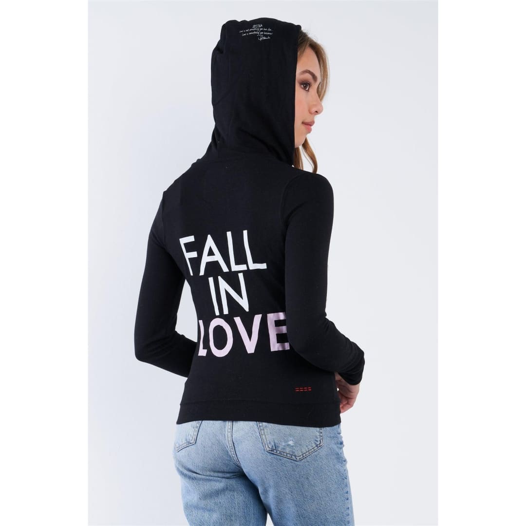 Black Long Sleeve ’Fall In Love’ Zip Up Casual Hoodie | TA