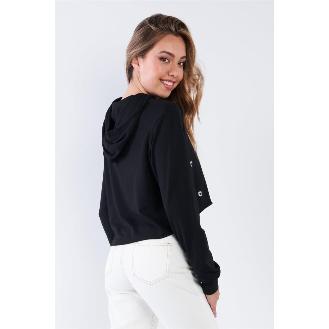 Black Long Sleeve Metallic Lip Detail Pullover Crop Hoodie | TA