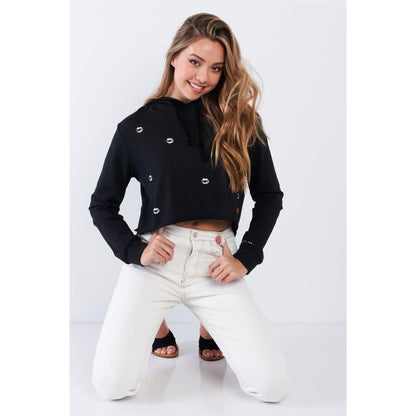 Black Long Sleeve Metallic Lip Detail Pullover Crop Hoodie | TA