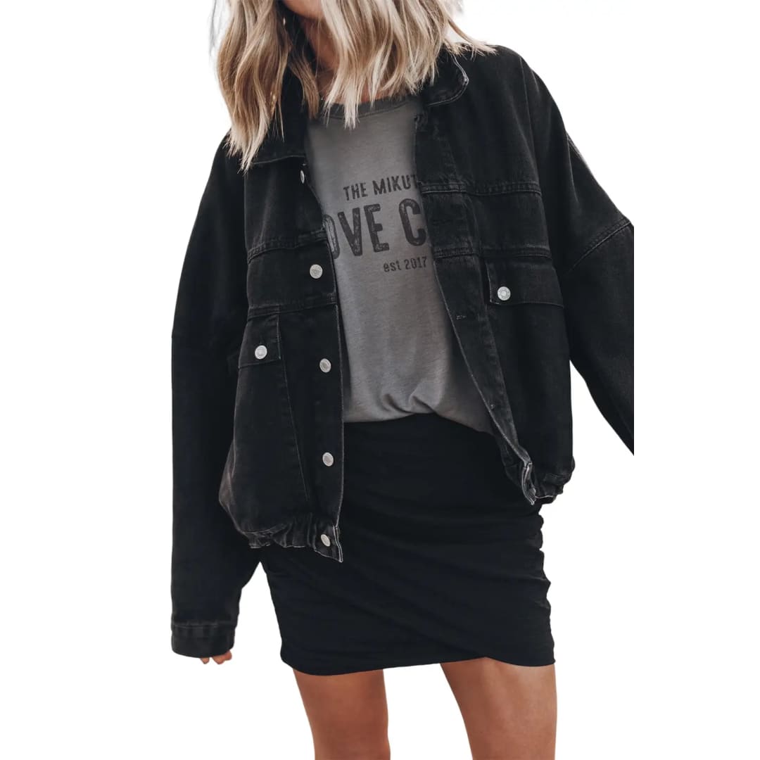 Black Metal Buttons Flap Pocket Drop Shoulder Denim Jacket | Fashionfitz