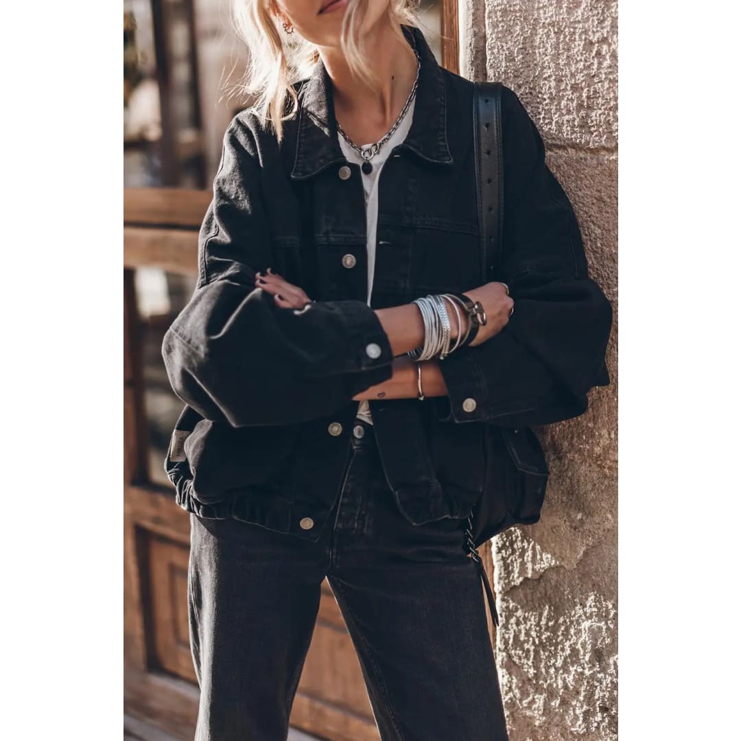 Black Metal Buttons Flap Pocket Drop Shoulder Denim Jacket | Fashionfitz