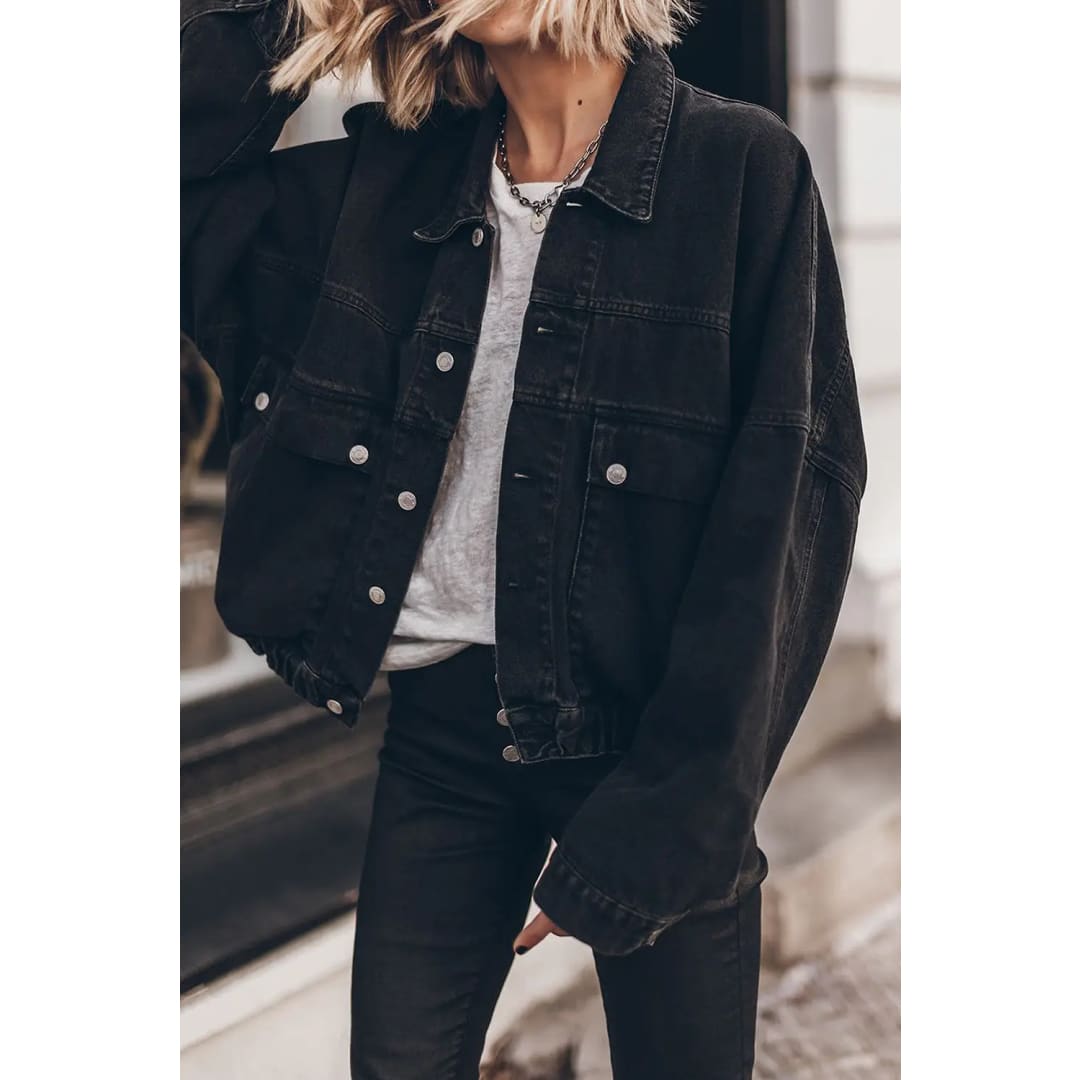 Black Metal Buttons Flap Pocket Drop Shoulder Denim Jacket | Fashionfitz