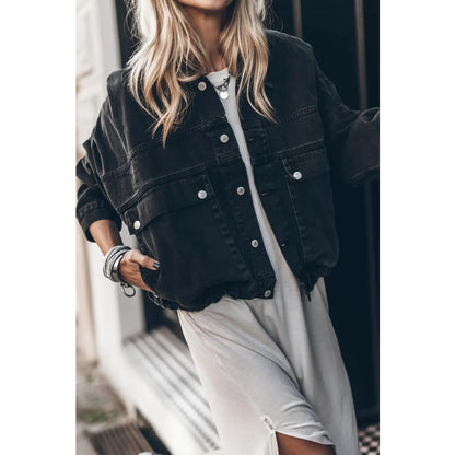 Black Metal Buttons Flap Pocket Drop Shoulder Denim Jacket | Fashionfitz