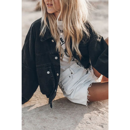 Black Metal Buttons Flap Pocket Drop Shoulder Denim Jacket | Fashionfitz