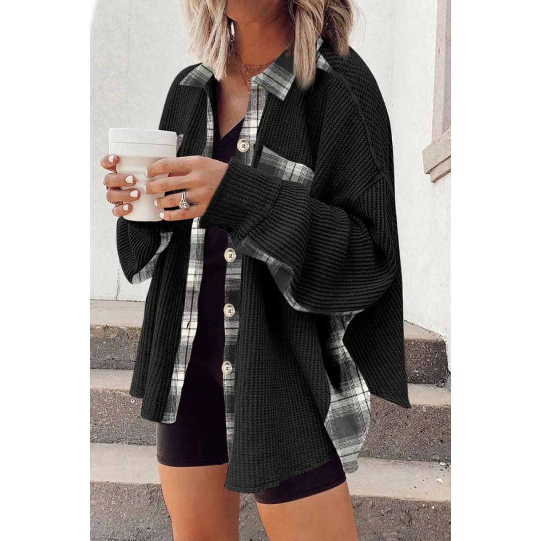 Black Plaid Patchwork Waffle Thermal Knit Shacket | Fashionfitz