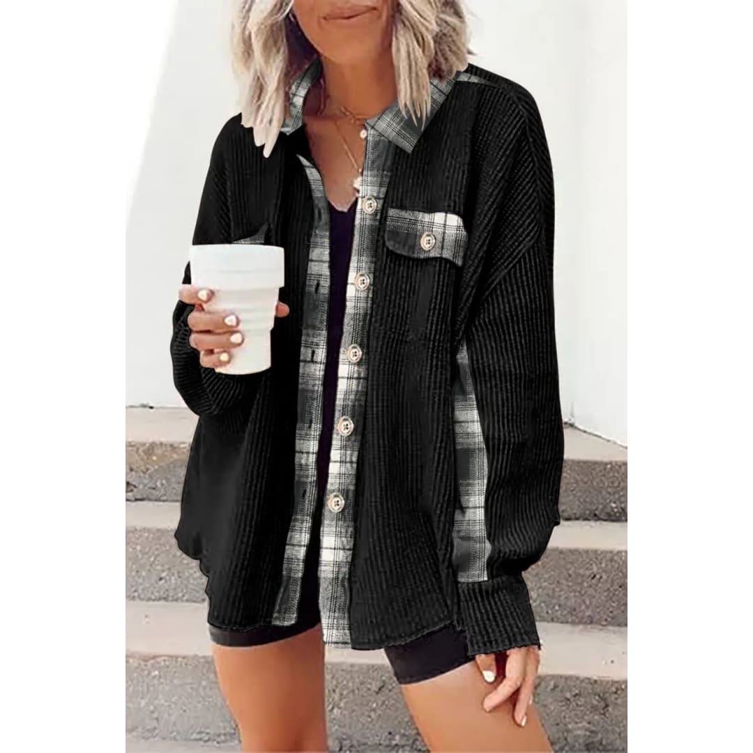 Black Plaid Patchwork Waffle Thermal Knit Shacket | Fashionfitz