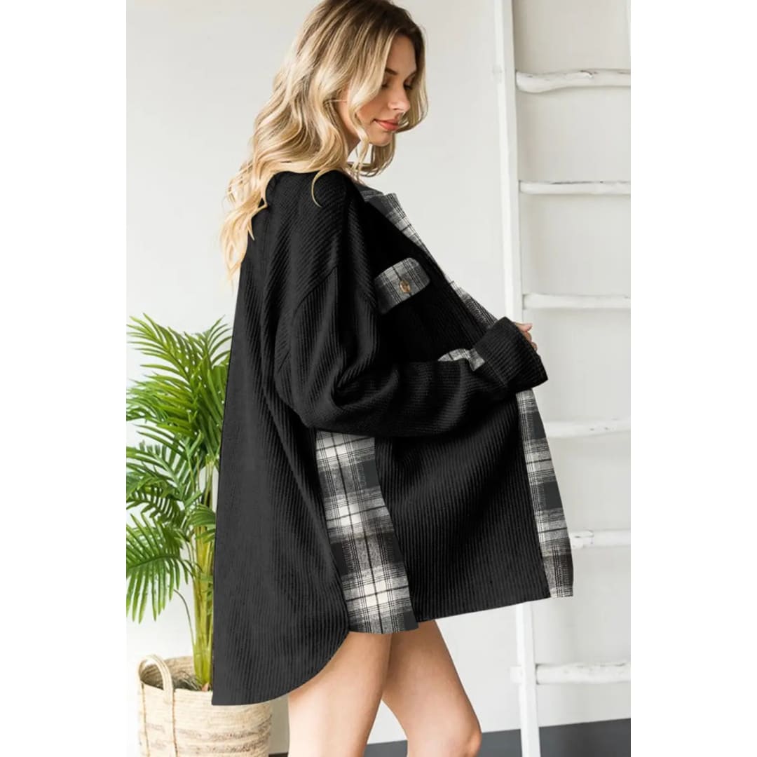 Black Plaid Patchwork Waffle Thermal Knit Shacket | Fashionfitz