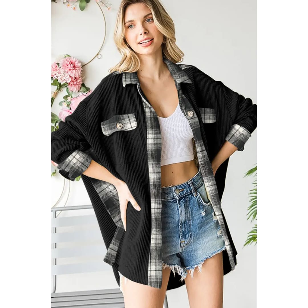 Black Plaid Patchwork Waffle Thermal Knit Shacket | Fashionfitz