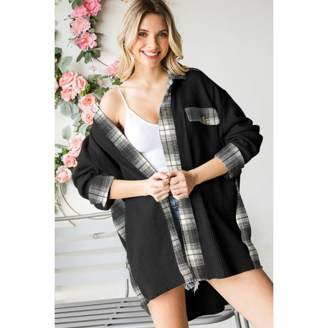 Black Plaid Patchwork Waffle Thermal Knit Shacket | Fashionfitz