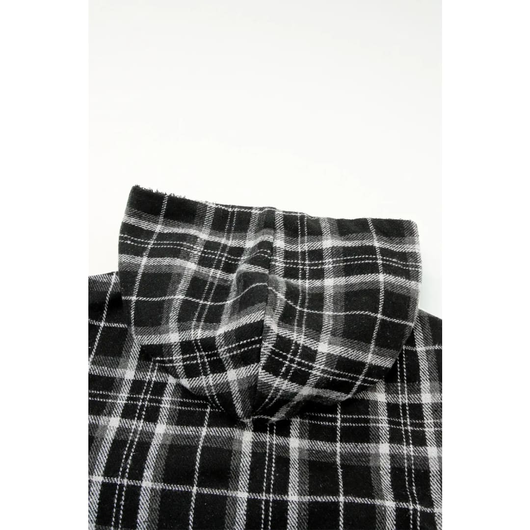 Black Plaid Pattern Sherpa Lined Hooded Shacket | Fashionfitz