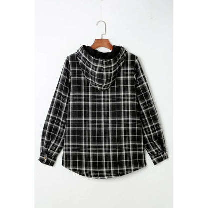 Black Plaid Pattern Sherpa Lined Hooded Shacket | Fashionfitz