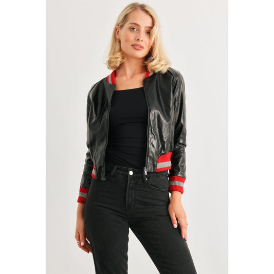 Black & Red Ribbed Vegan Leather Jacket | Comme