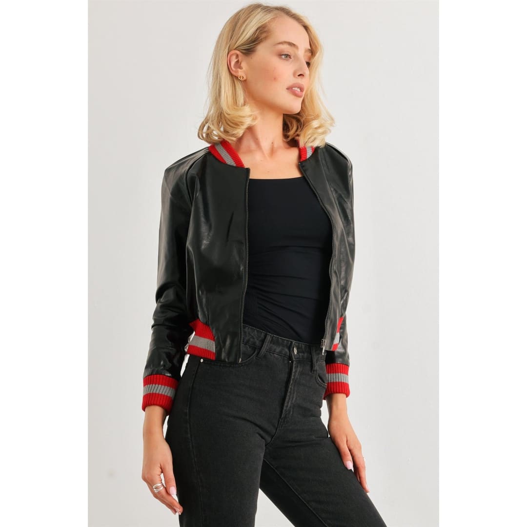 Black & Red Ribbed Vegan Leather Jacket | Comme