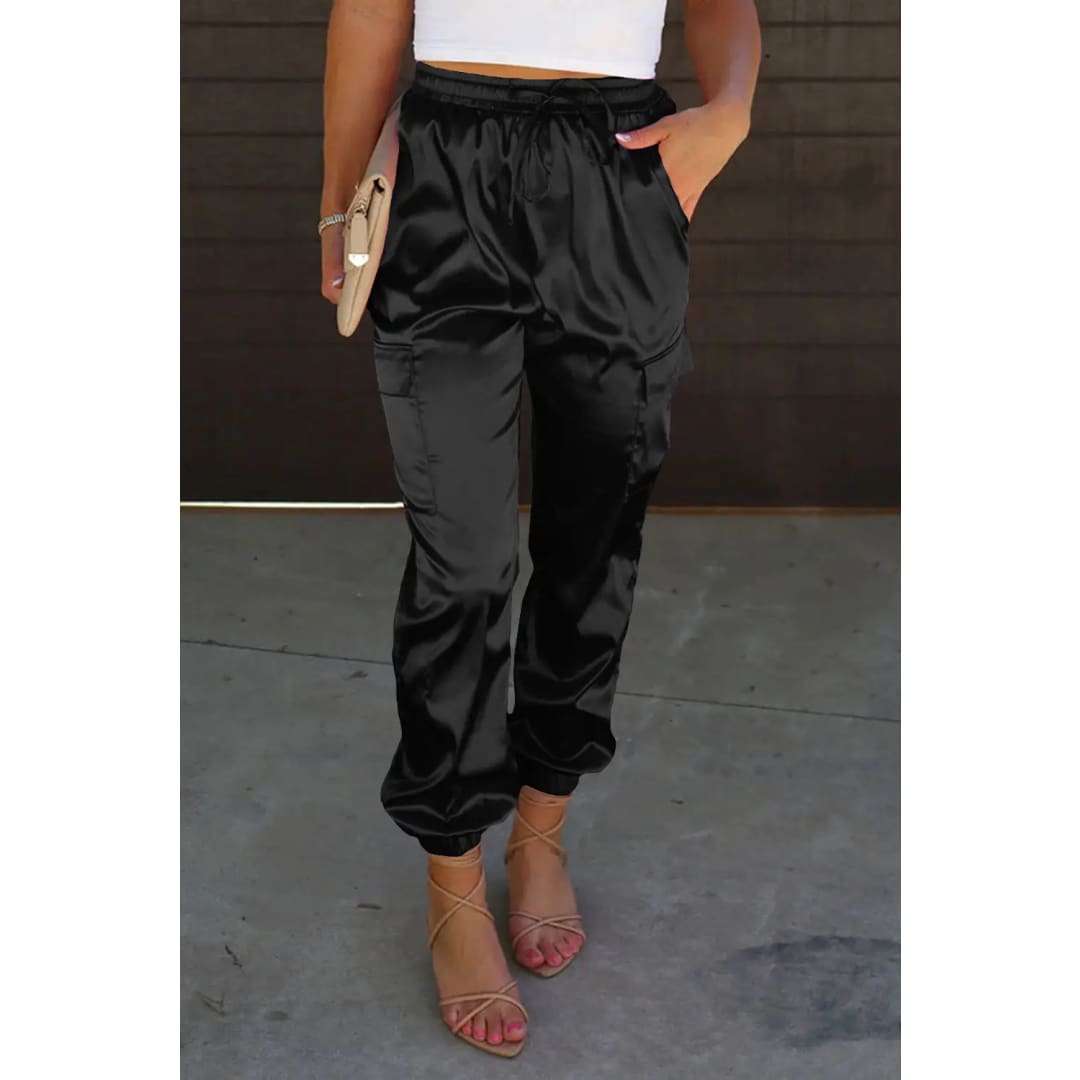 Black Satin Pocketed Drawstring Elastic Waist Pants | Fashionfitz