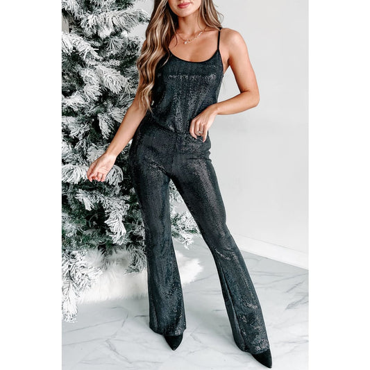 Black Sequined Tank Top and Flare Pants Set | Fashionfitz
