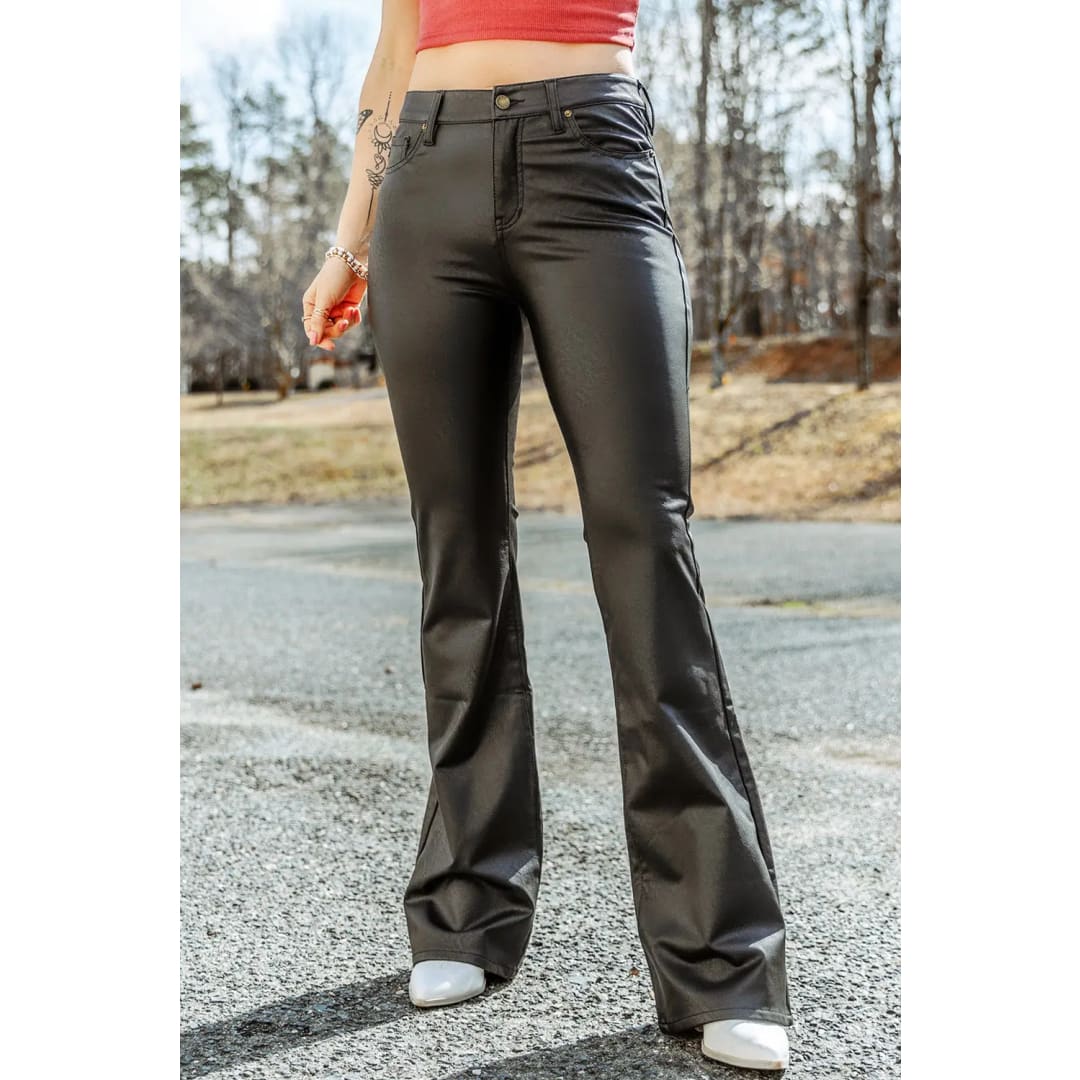 Black Skinny Leather Flared Pants | Fashionfitz