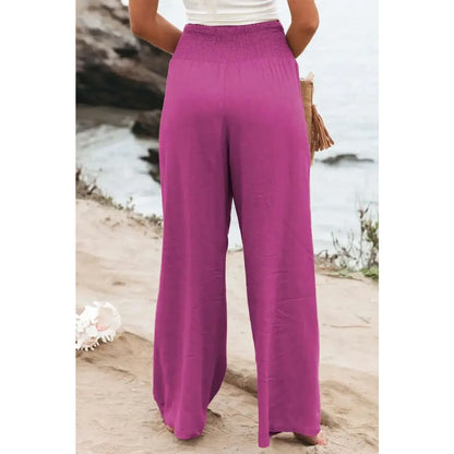 Black Smocked Wide Waistband High Waist Wide Leg Pants | Fashionfitz