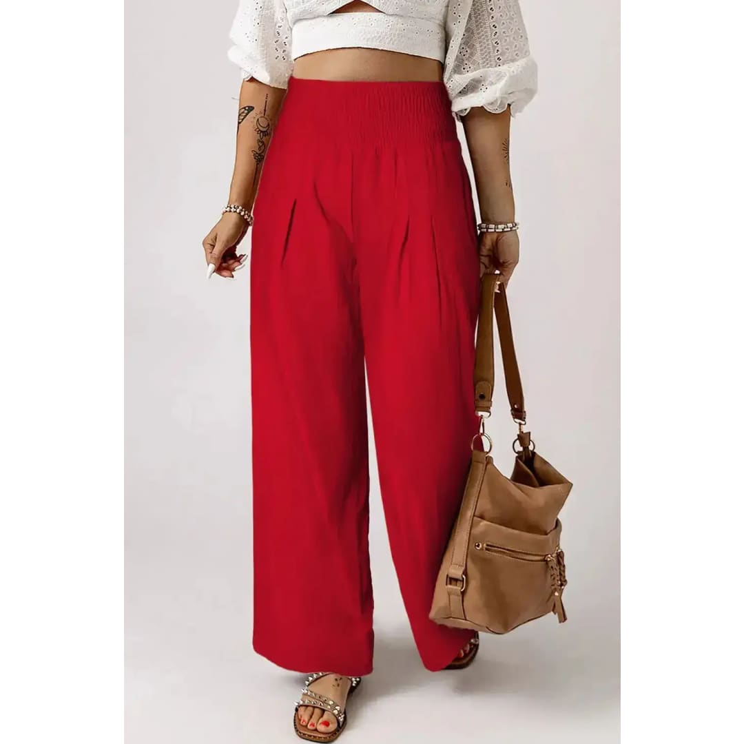 Black Smocked Wide Waistband High Waist Wide Leg Pants | Fashionfitz