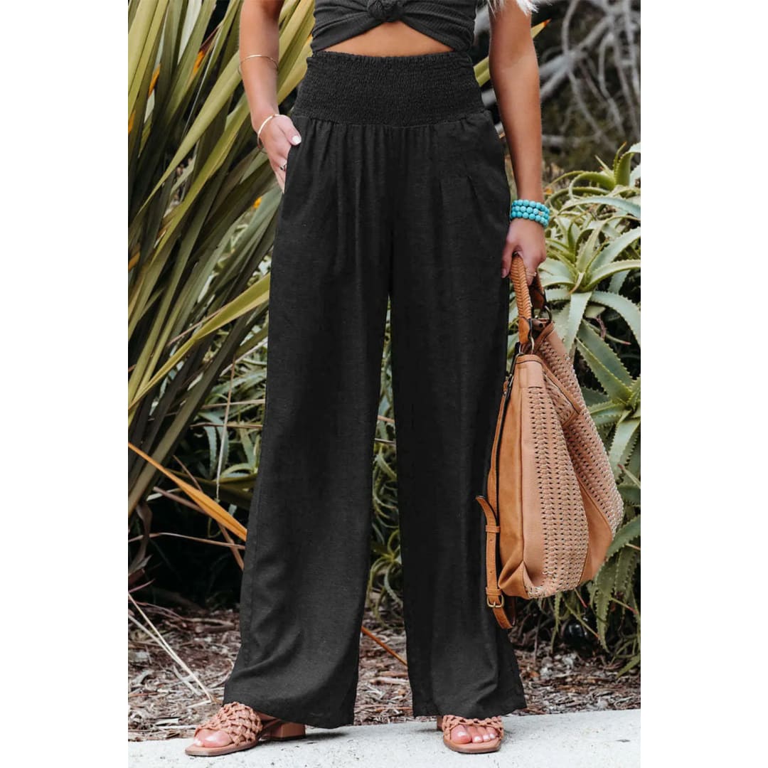 Black Smocked Wide Waistband High Waist Wide Leg Pants | Fashionfitz