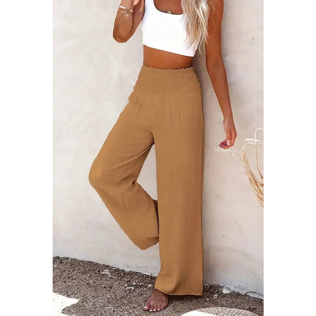 Black Smocked Wide Waistband High Waist Wide Leg Pants | Fashionfitz