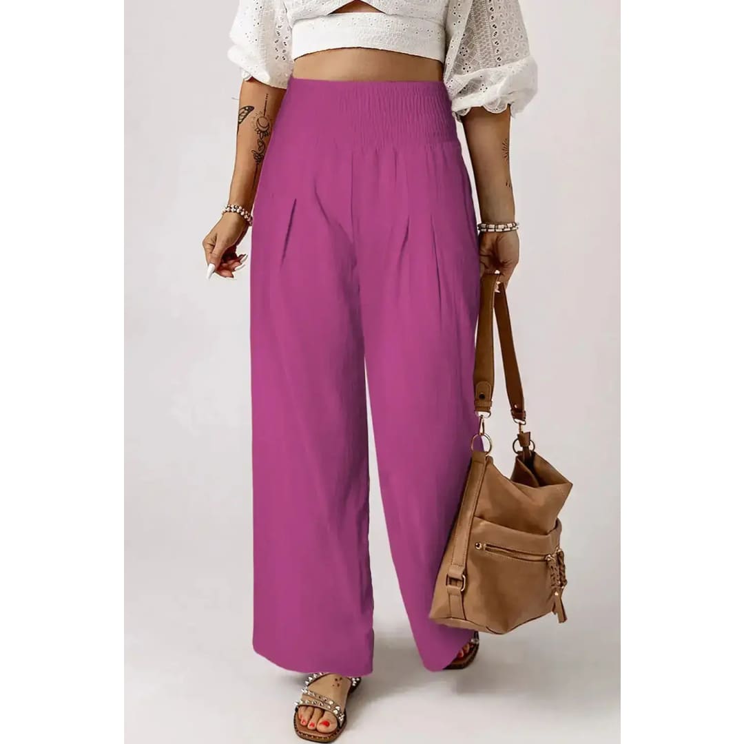 Black Smocked Wide Waistband High Waist Wide Leg Pants | Fashionfitz