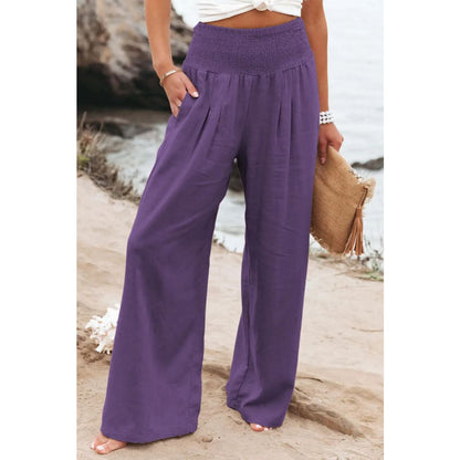 Black Smocked Wide Waistband High Waist Wide Leg Pants | Fashionfitz