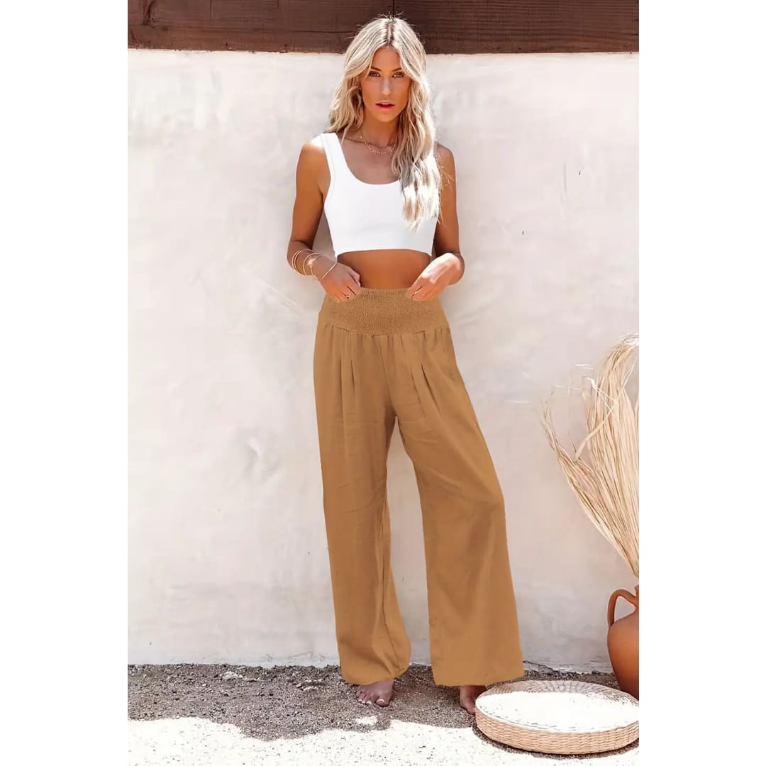 Black Smocked Wide Waistband High Waist Wide Leg Pants | Fashionfitz