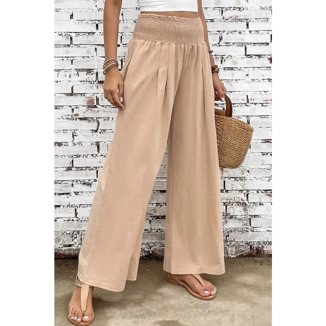 Black Smocked Wide Waistband High Waist Wide Leg Pants | Fashionfitz