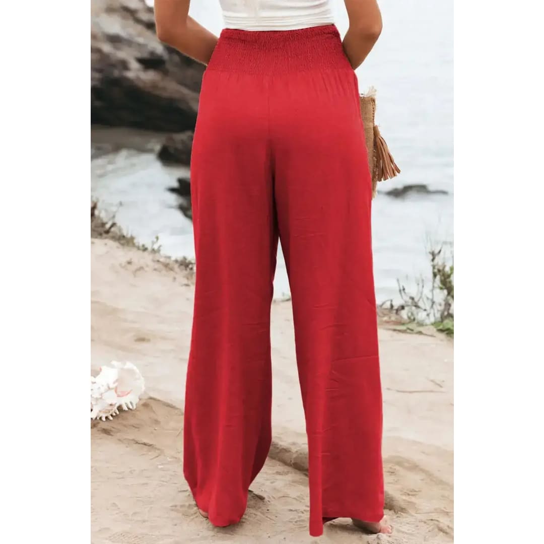 Black Smocked Wide Waistband High Waist Wide Leg Pants | Fashionfitz