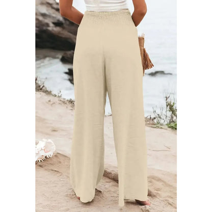 Black Smocked Wide Waistband High Waist Wide Leg Pants | Fashionfitz