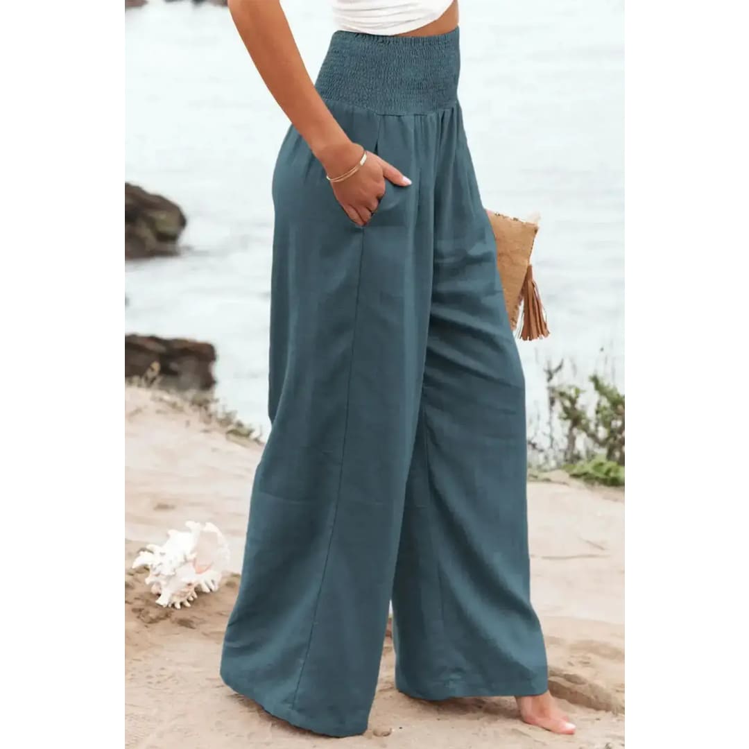 Black Smocked Wide Waistband High Waist Wide Leg Pants | Fashionfitz