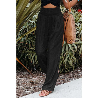 Black Smocked Wide Waistband High Waist Wide Leg Pants | Fashionfitz