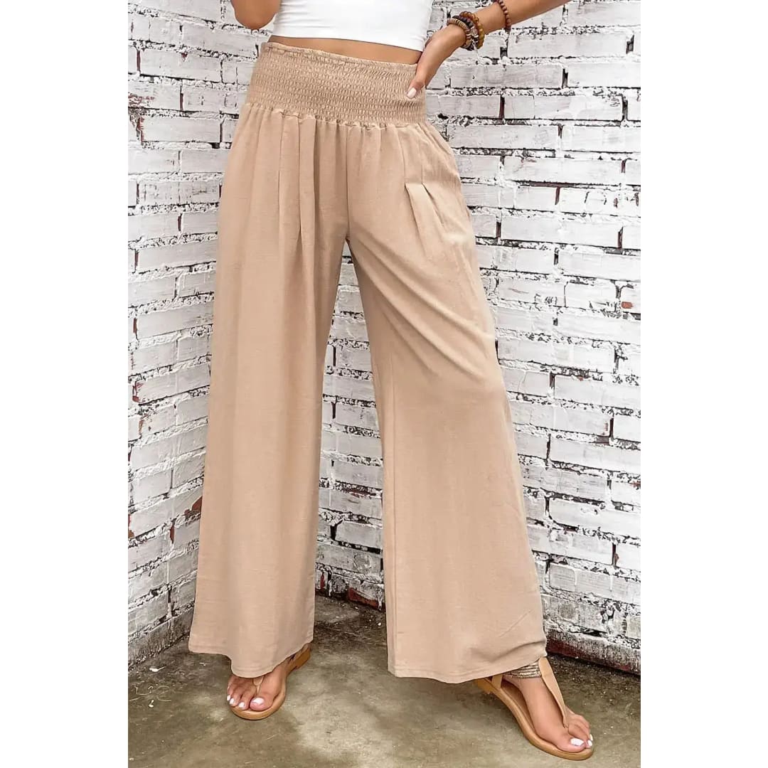 Black Smocked Wide Waistband High Waist Wide Leg Pants | Fashionfitz