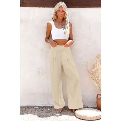 Black Smocked Wide Waistband High Waist Wide Leg Pants | Fashionfitz