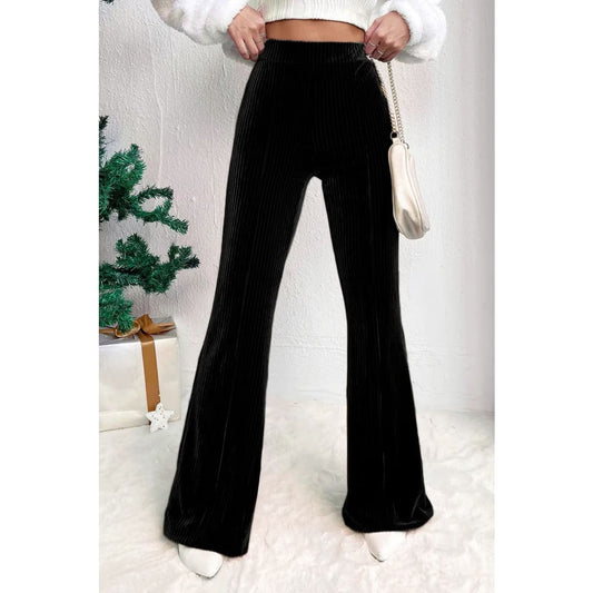 Black Solid Color High Waist Flare Corduroy Pants | Fashionfitz