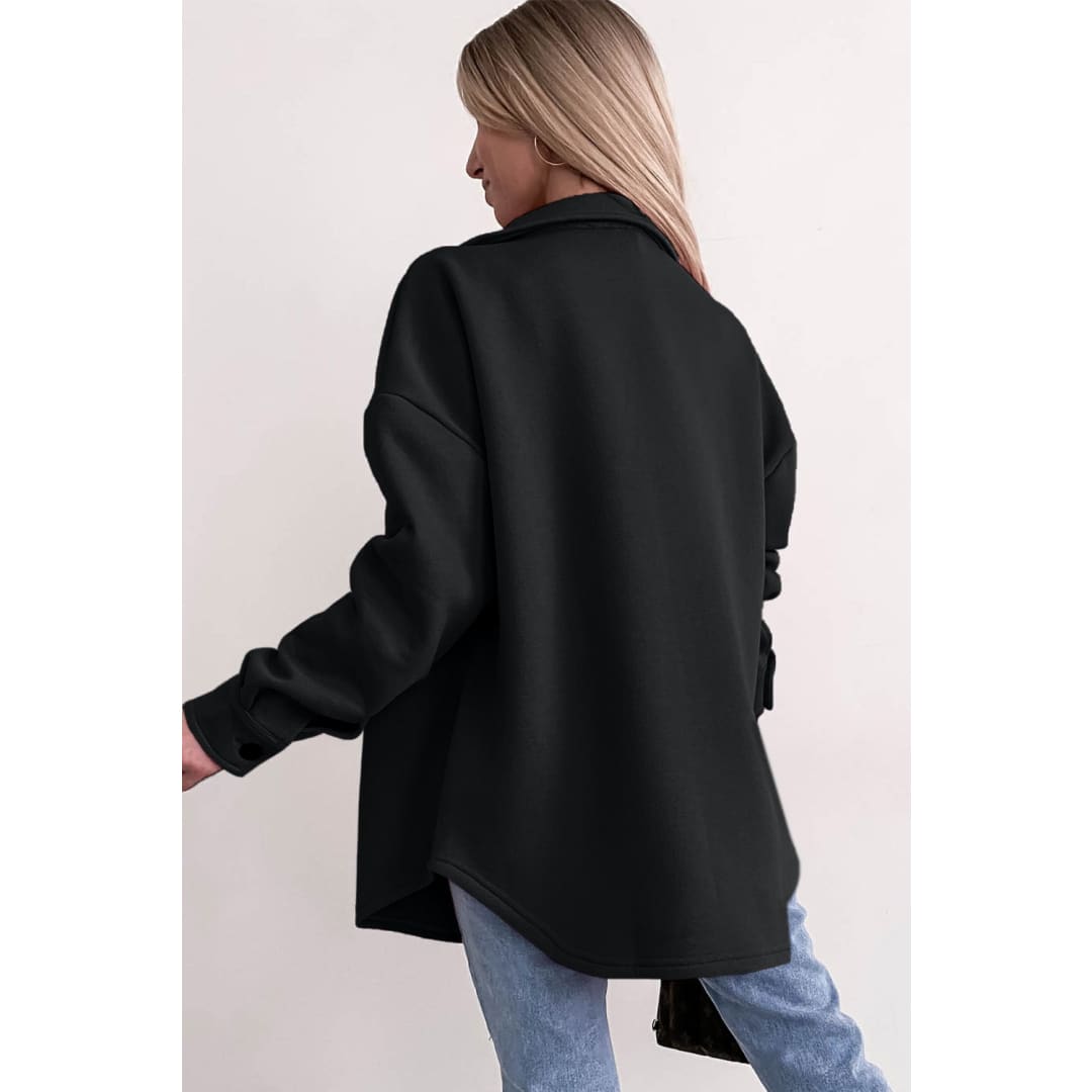 Black Solid Color Pocketed Button up Long Sleeve Shacket | DropshipClothes