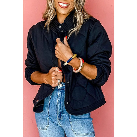 Black Solid Color Quilted Snap Button Jacket | Fashionfitz