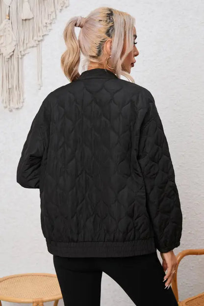 Black Solid Color Quilted Zip Up Puffer Jacket-1