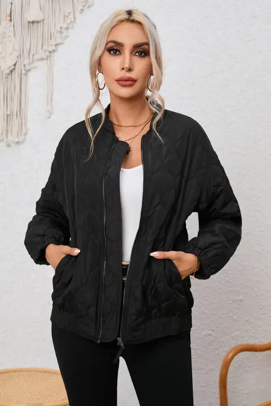 Black Solid Color Quilted Zip Up Puffer Jacket-4