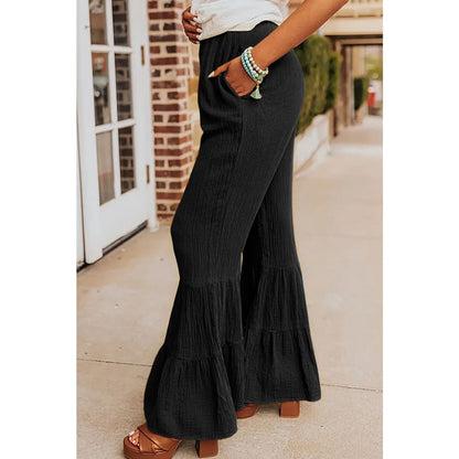 Black Textured High Waist Ruffled Bell Bottom Pants | Fashionfitz