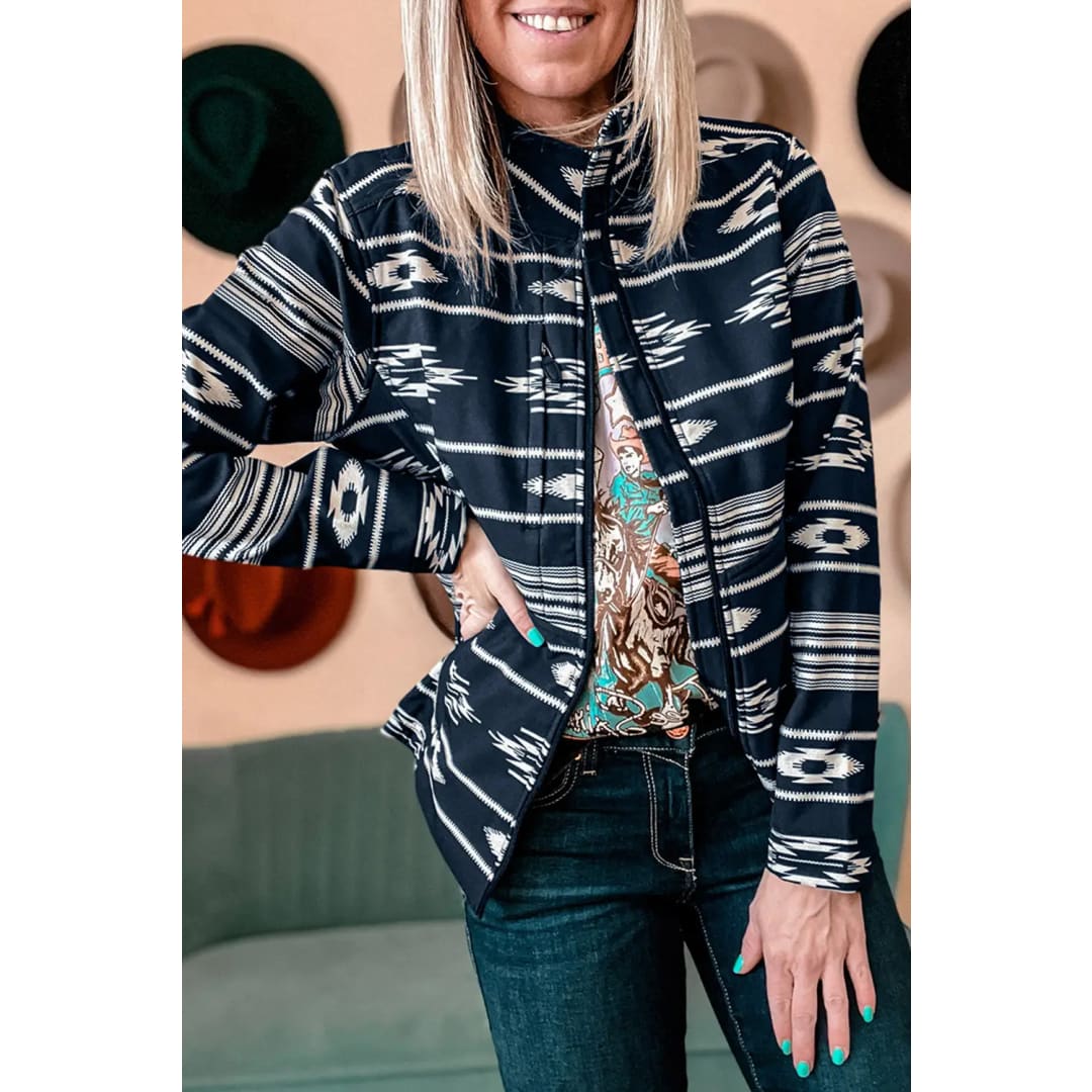 Black Western Aztec Print Zipped Jacket | Fashionfitz